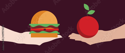 Woman choosing between healthy and unhealthy food concept flat vector illustration. Fastfood vs balanced menu comparison