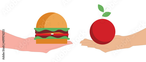 Woman choosing between healthy and unhealthy food concept flat vector illustration. Fastfood vs balanced menu comparison