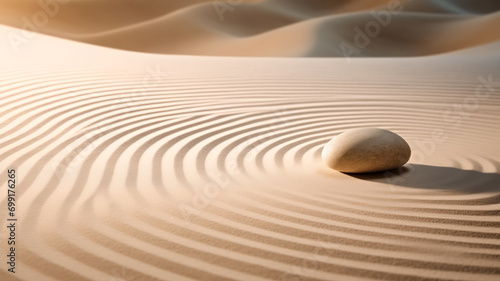 Zen garden meditation with stone and wave on sand, banner background.