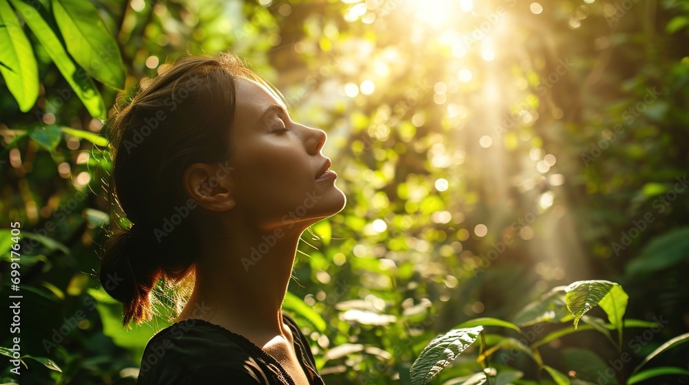 Profile of a relaxed woman breathing fresh air in a green forest with sunlight flare and copy space Profile of a relaxed woman breathing fresh air in a green forest with sunlight flare and copy space