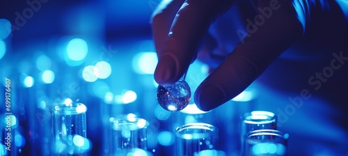 Scientific laboratory. Hand in a blue glove works with biological material in a test tube.