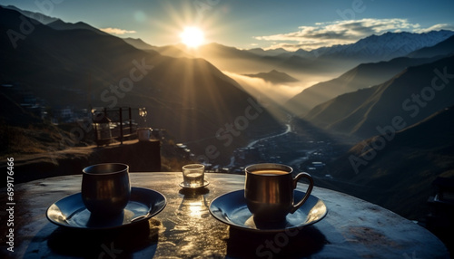 Mountain table outdoors drink nature coffee landscape sun sunset generated by AI