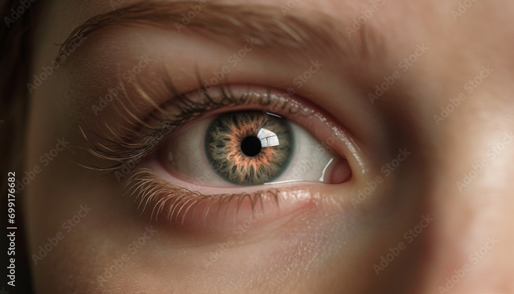 Close up of a caucasian child blue eye, staring at camera generated by AI Close up of a caucasian child blue eye, staring at camera generated by AI