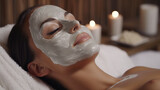 A woman is lying down enjoying a cream facial mask treatment at the spa