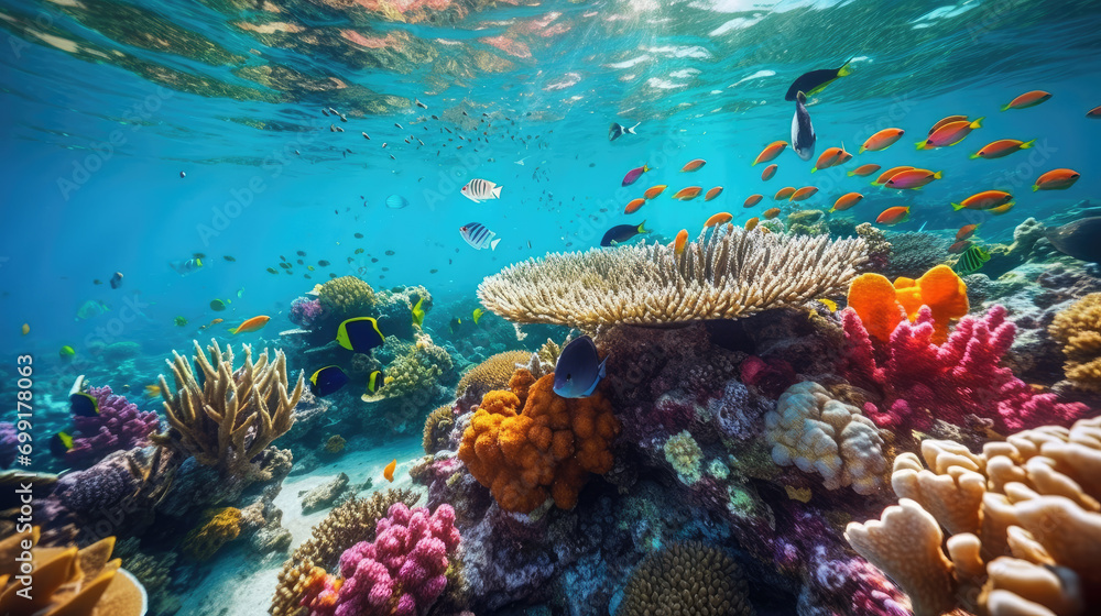 Tropical fish swim through a vibrant coral garden Tropical fish swim through a vibrant coral garden