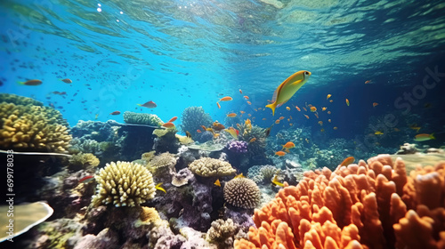 Tropical fish swim through a vibrant coral garden © didiksaputra