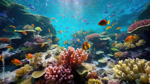 Tropical fish swim through a vibrant coral garden © didiksaputra