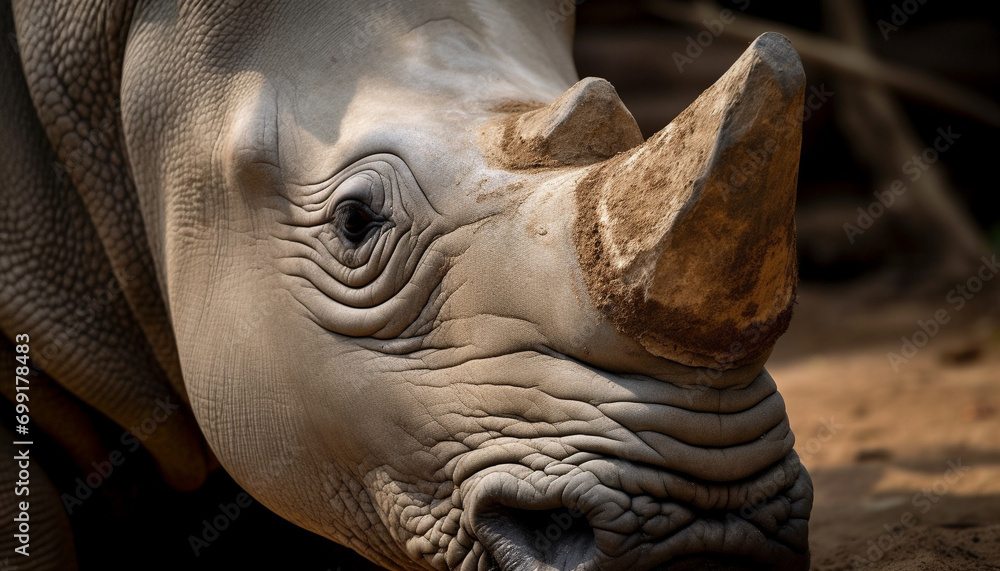 Close up portrait of a large rhinoceros, a majestic endangered mammal generated by AI