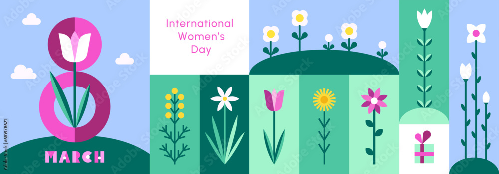 March 8, Happy International Women's Day vector greeting card, various stylized spring flowers geometric composition. Horizontal banner shape. Modern trendy flat minimalist style illustration. 