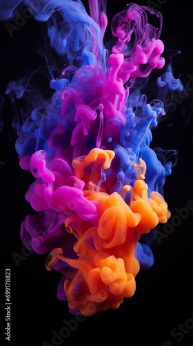 abstract colorful ink smoke cloud against black background, Ai generated image.