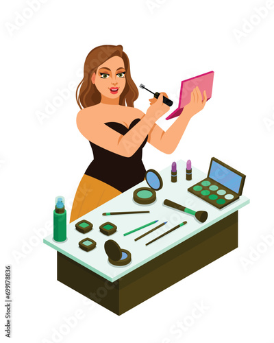Beautiful young woman character doing make up. Table with makeup, cosmetics and wound mirror. Girl holding brush and powder. Vector flat cartoon illustration in trendy style.