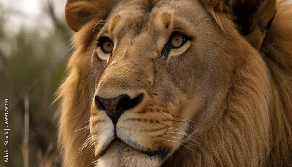 Naklejka premium Majestic lioness staring, hiding in plain wilderness, alertness in sunlight generated by AI