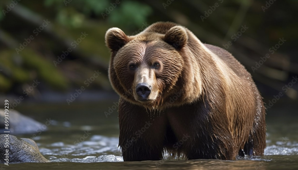 Majestic grizzly bear fishing in tranquil tropical rainforest pond generated by AI Majestic grizzly bear fishing in tranquil tropical rainforest pond generated by AI