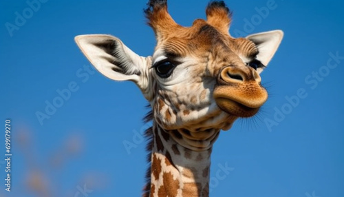 Giraffe in nature  close up portrait  looking at camera  cute generated by AI