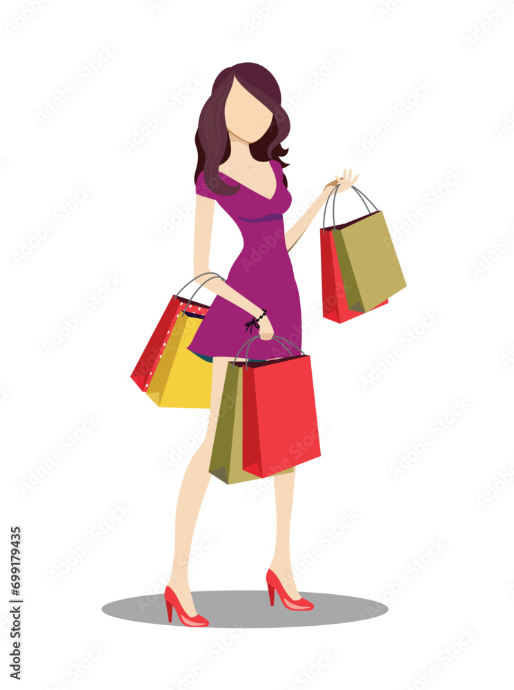 Illustration of lady with shopping bag coming from sale Illustration of lady with shopping bag coming from sale