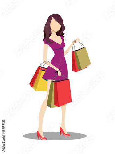 Illustration of lady with shopping bag coming from sale
