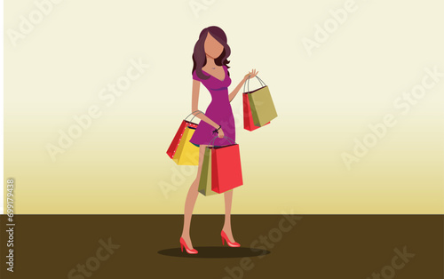 Illustration of lady with shopping bag coming from sale