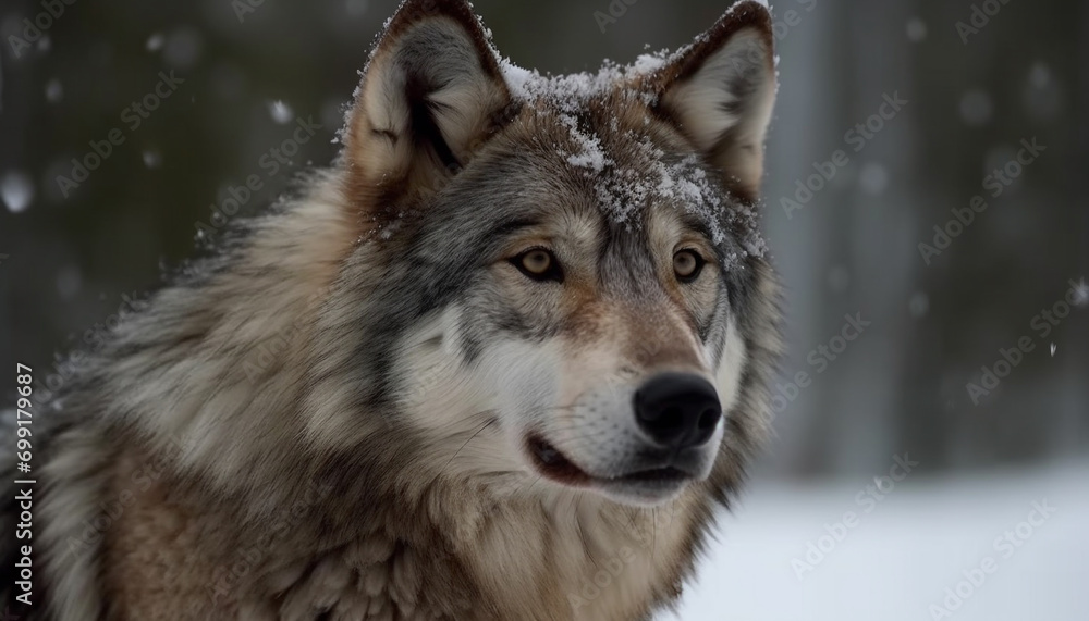 Fototapeta premium A cute gray wolf in the snowy forest, looking at camera generated by AI
