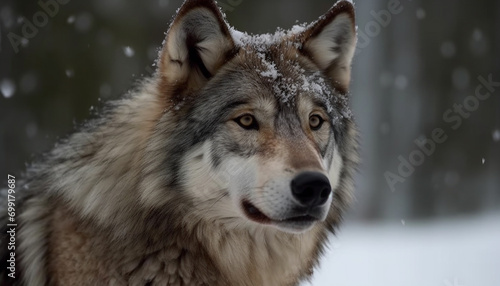 A cute gray wolf in the snowy forest, looking at camera generated by AI