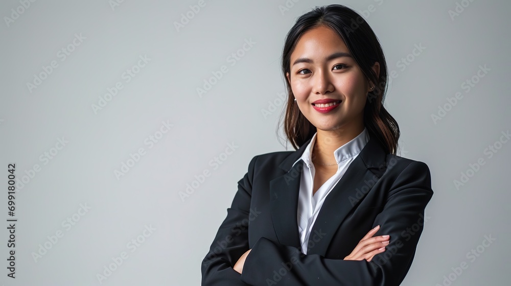 Successful young asian businesswoman in suit ready do business, cross arms confident and smiling. Successful young asian businesswoman in suit ready do business, cross arms confident and smiling.