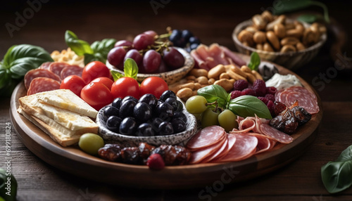 Variety of gourmet appetizers salami, prosciutto, bread, olive, tomato, smoked meat generated by AI