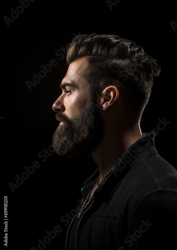 stylish young guy with a neat beard in profile on a black background, beautiful studio light