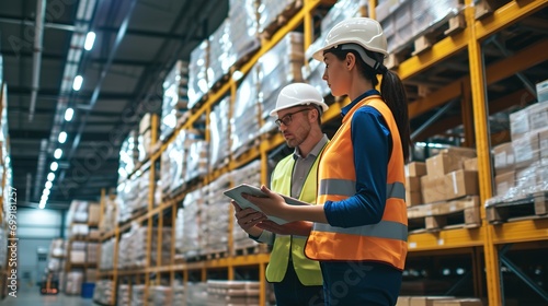 Two warehouse staff working with the inventory in digital tablet in large logistic warehouse.Audit Warehouse and Inventory Management Standard Operating.