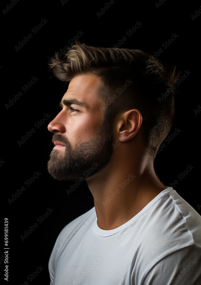 stylish young guy with a neat short beard in a white T-shirt in profile on a black background, beautiful studio light stylish young guy with a neat short beard in a white T-shirt in profile on a black background, beautiful studio light