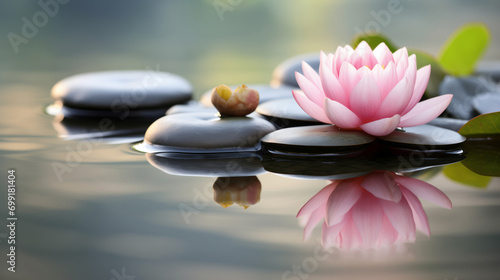 Concept spa relax  Buddha nature. Pink water lily lotus flower with stones in water  bokeh background with copy space.