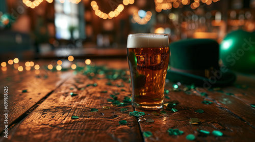 pint of beer on a wooden table. Irish pub. in the background of beer lies a leprechaun hat, green balloons and confetti. festive atmosphere of st patrick's day  photo