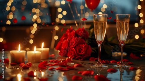 two campange glasses on a table. fancy restuarant. in the background candles,roses bouquet, heart shaped red balloons and confetti. festive atmosphere of valentines day photo