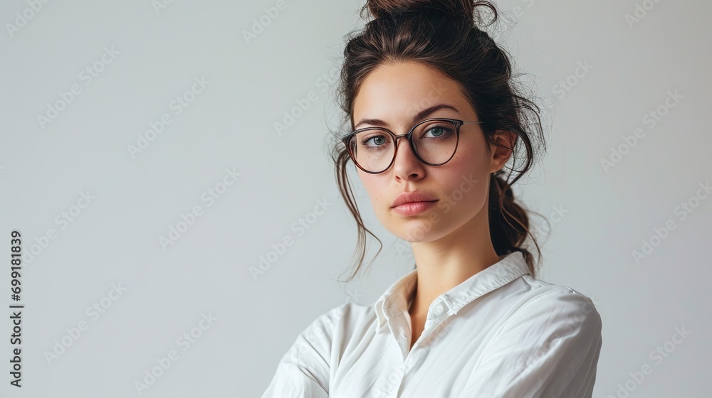 woman in eyeglasses posing with crossed arms and looking at the camera over white background