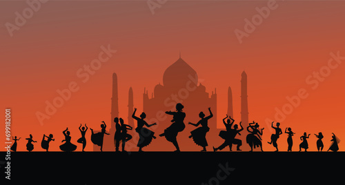 Set of woman dancer silhouette isolated on sun set background.