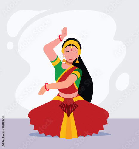 Young Woman Indian Dancer with Traditional Clothes Performing Folk Dance Vector