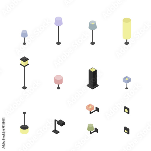 Set of Lamp, Wall lamp, Floor lamp, Table lamp. Variety of luminaire. Isometric Drawing Vector.