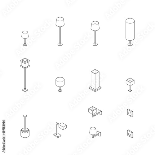 Set of Lamp, Wall lamp, Floor lamp, Table lamp. Variety of luminaire. Isometric Drawing Vector.