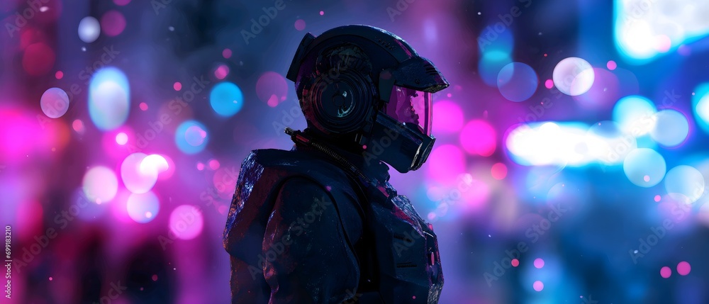 Naklejka premium Abstract siluet robot with neon style background.