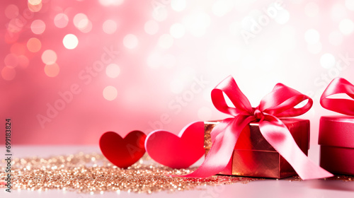 banner of a composition with a red hearts and red gift boxes with sequins, blurred warm toned background with bohen, copy space. photo