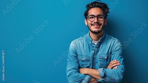 Young hispanic man wearing blue shirt and glasses, looking at camera with positive confident smile