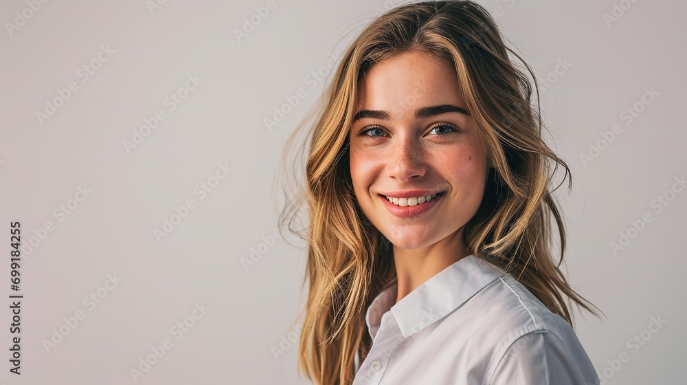 Young working woman in office clothing, smiling and looking at camera Young working woman in office clothing, smiling and looking at camera