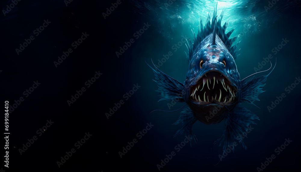 Angler fish on background of dark blue water realistic illustration art. Scary deep-sea fish predator In the depths of the ocean. Place for text. - obrazy, fototapety, plakaty 