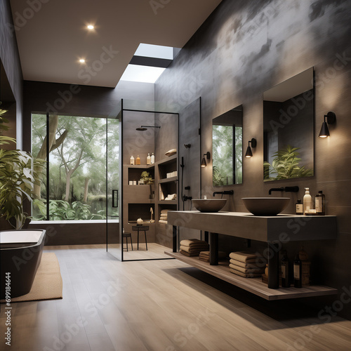 Interior of a modern bathroom  minimalist fixtures and a basin in a dark color