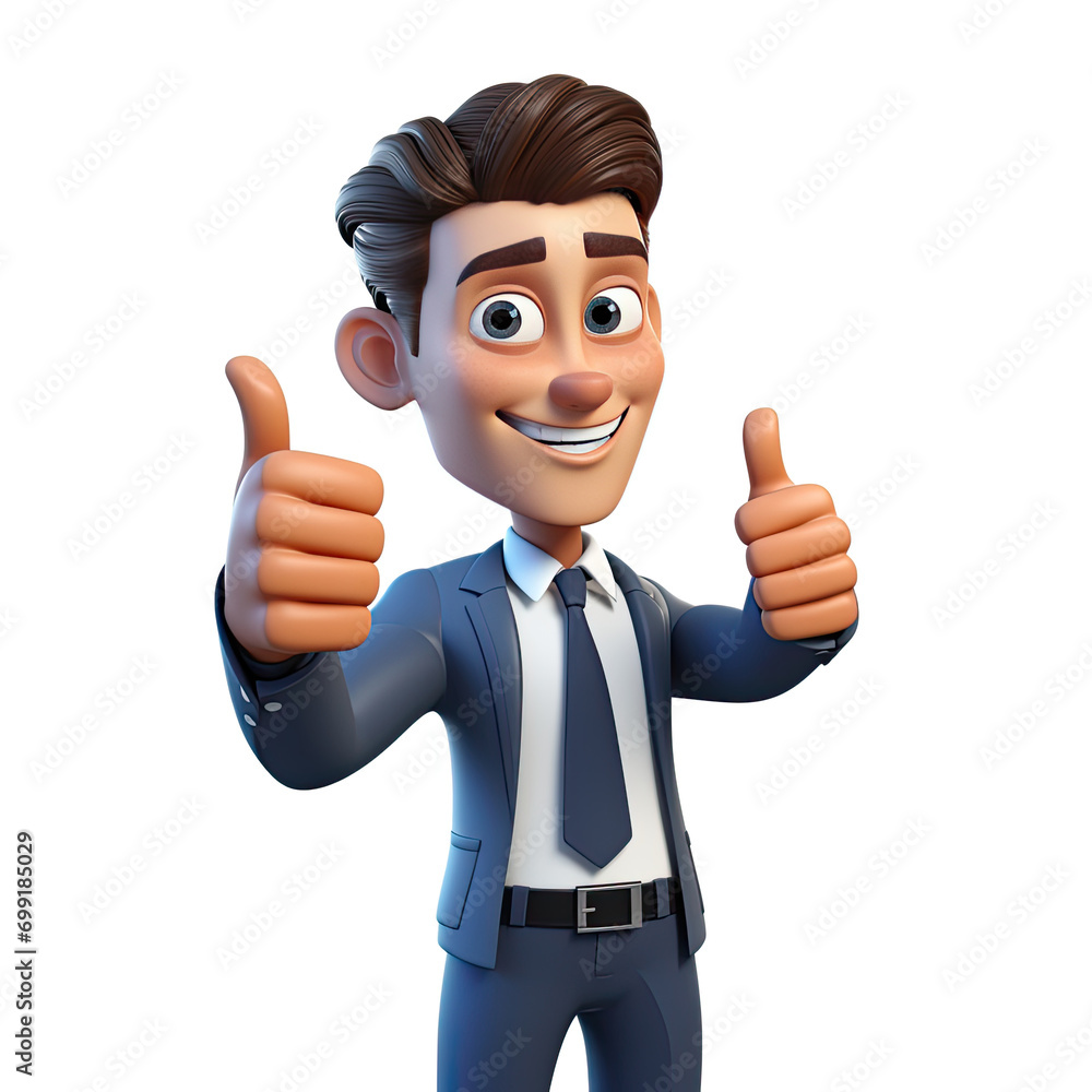 Happy man 3d character wearing a business suit on a white background and showing thumbs up Happy man 3d character wearing a business suit on a white background and showing thumbs up