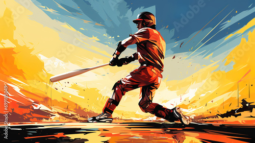 Watercolor abstract illustration of baseball. Baseball player in action during colorful paint splash. AI generated.