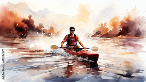 Abstract watercolor illustration of kayak sport or pastime. Kayaker player in action during colorful paint splash, isolated on white background. AI generated. © Czintos Ödön