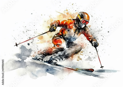 Watercolor abstract illustration of Skiing. Skiing in action during colorful paint splash, isolated on white background. AI generated . photo