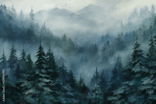 Foggy winter landscape with fir trees and mountains in the background