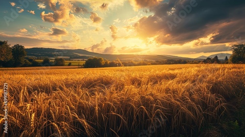 A golden wheat field at sunset or sunrise with a dramatic sky and rolling hills in the background.