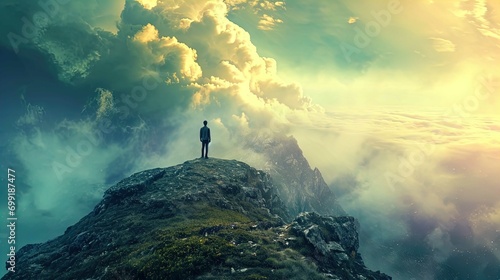 A silhouette of a person standing on a mountain peak, overlooking a sea of clouds under a golden sky at sunrise or sunset.