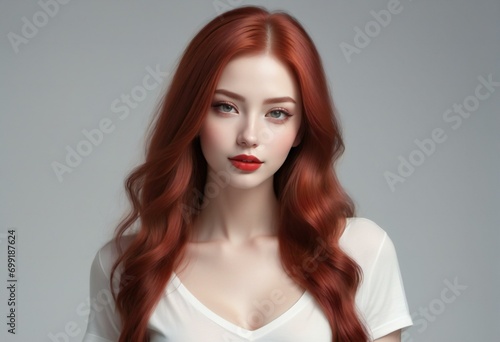 Portrait of a beautiful young woman with long red hair, Red lips